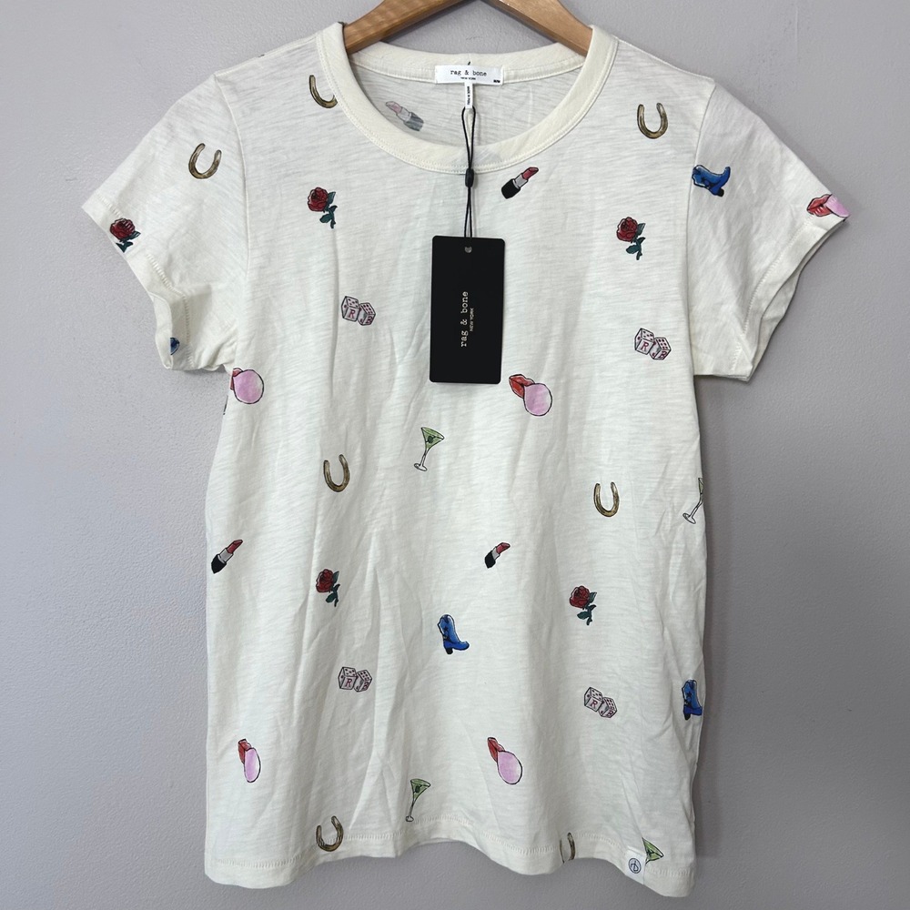 Rag & Bone All Over RB Patch Tee Womens M Ivory Embroidered Graphic Shirt NWT